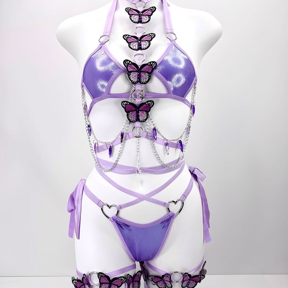 Honeiibeth lavender Purple strappy tie rave festival Lingerie Set handmade